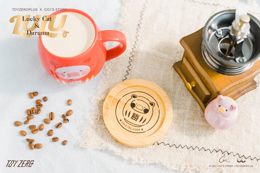 LuLu Lucky Cat Series Ceramic Mug with Wooden Coaster Set